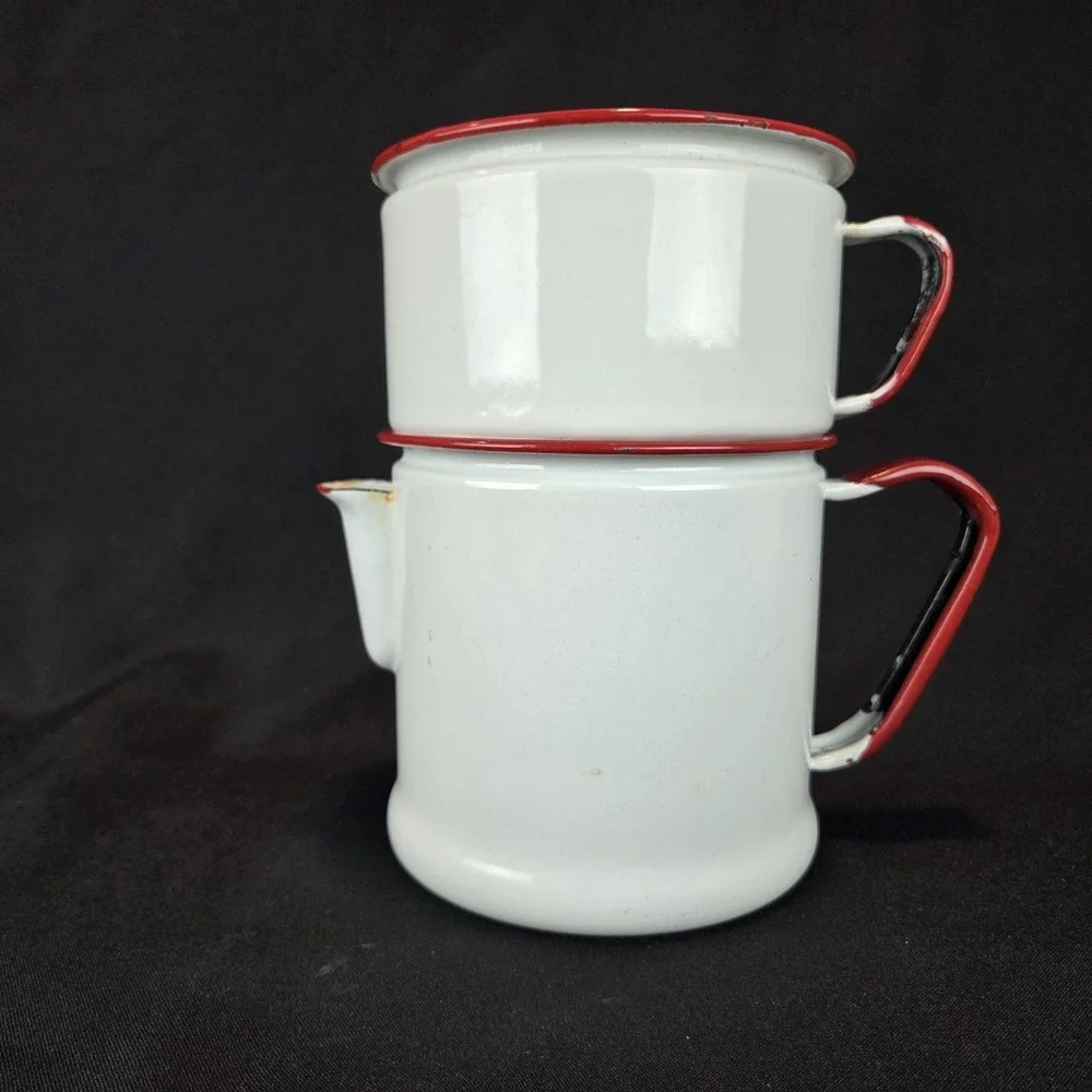 Vintage White Red Enamel Coffee Percolator Two Parts Cottagecore Farmhouse